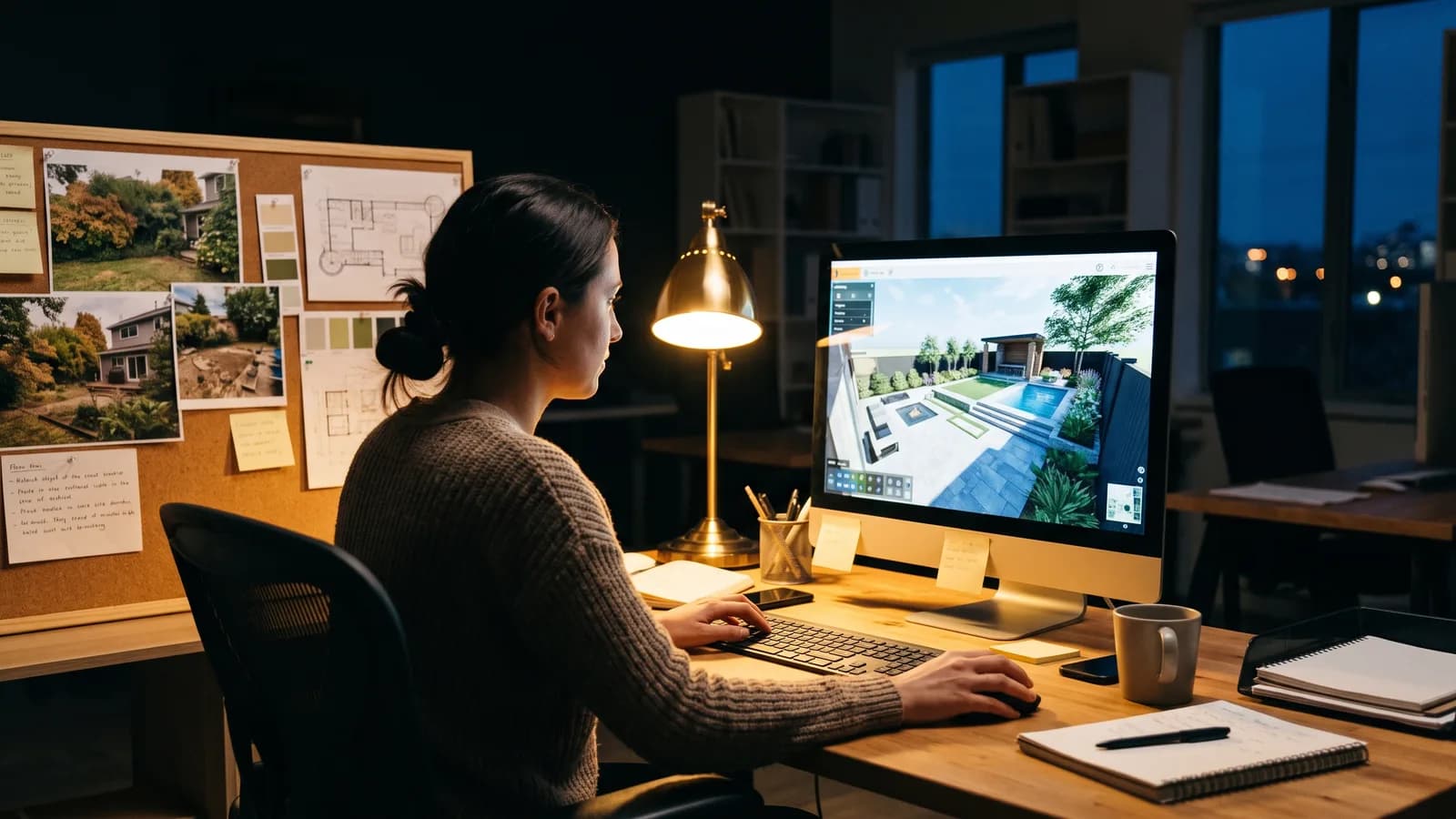 Designer finishing a backyard rendering at a desk lit by a warm desk lamp with site reference photos nearby.