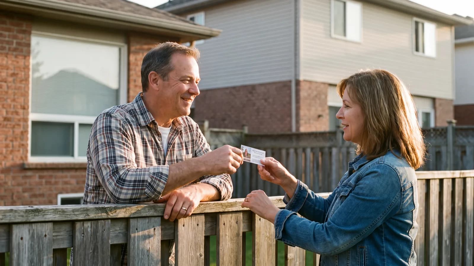 Two homeowners at a low backyard fence between adjacent suburban homes, one handing a printed business card to the other.