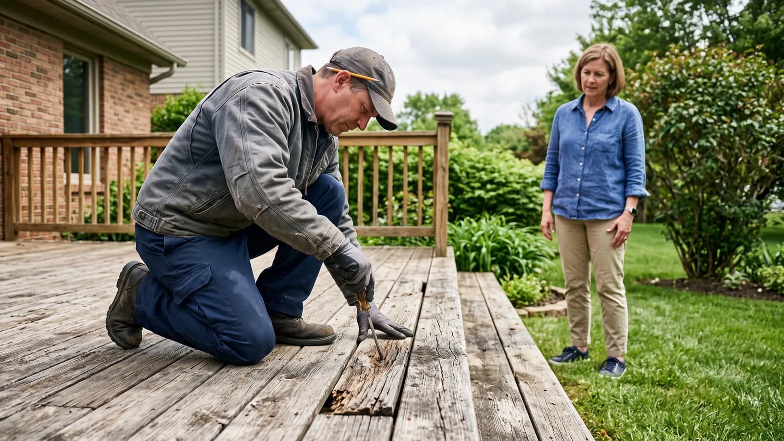 Contractor testing a weathered deck board for rot while a homeowner watches during an inspection visit.