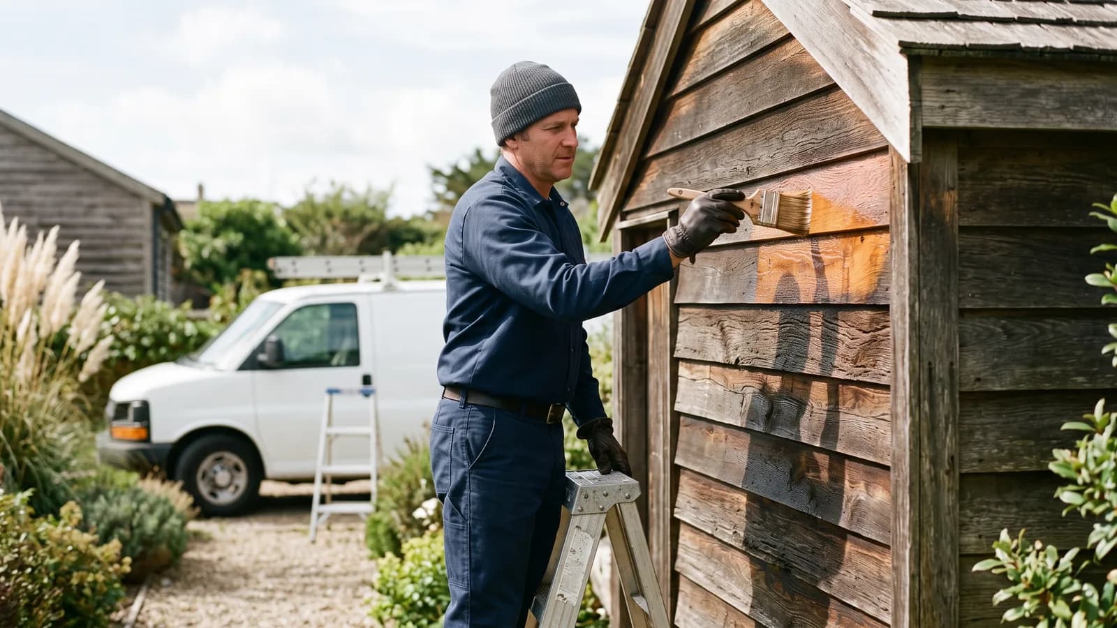 Maintenance technician applying sealant to the wood siding of a backyard cabana during a scheduled seasonal service visit.