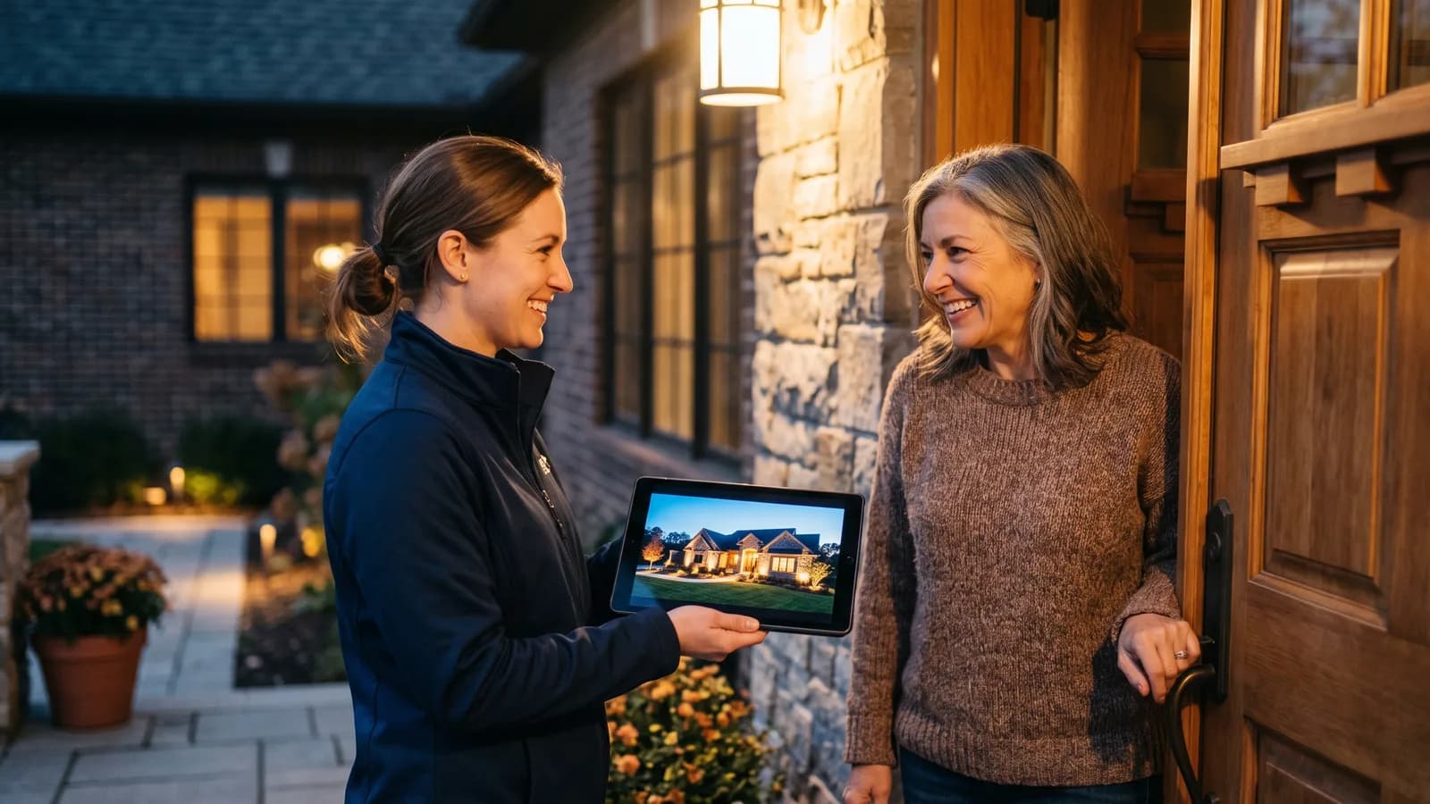 Lighting company representative showing a returning homeowner last years design photo on a tablet at the front door.