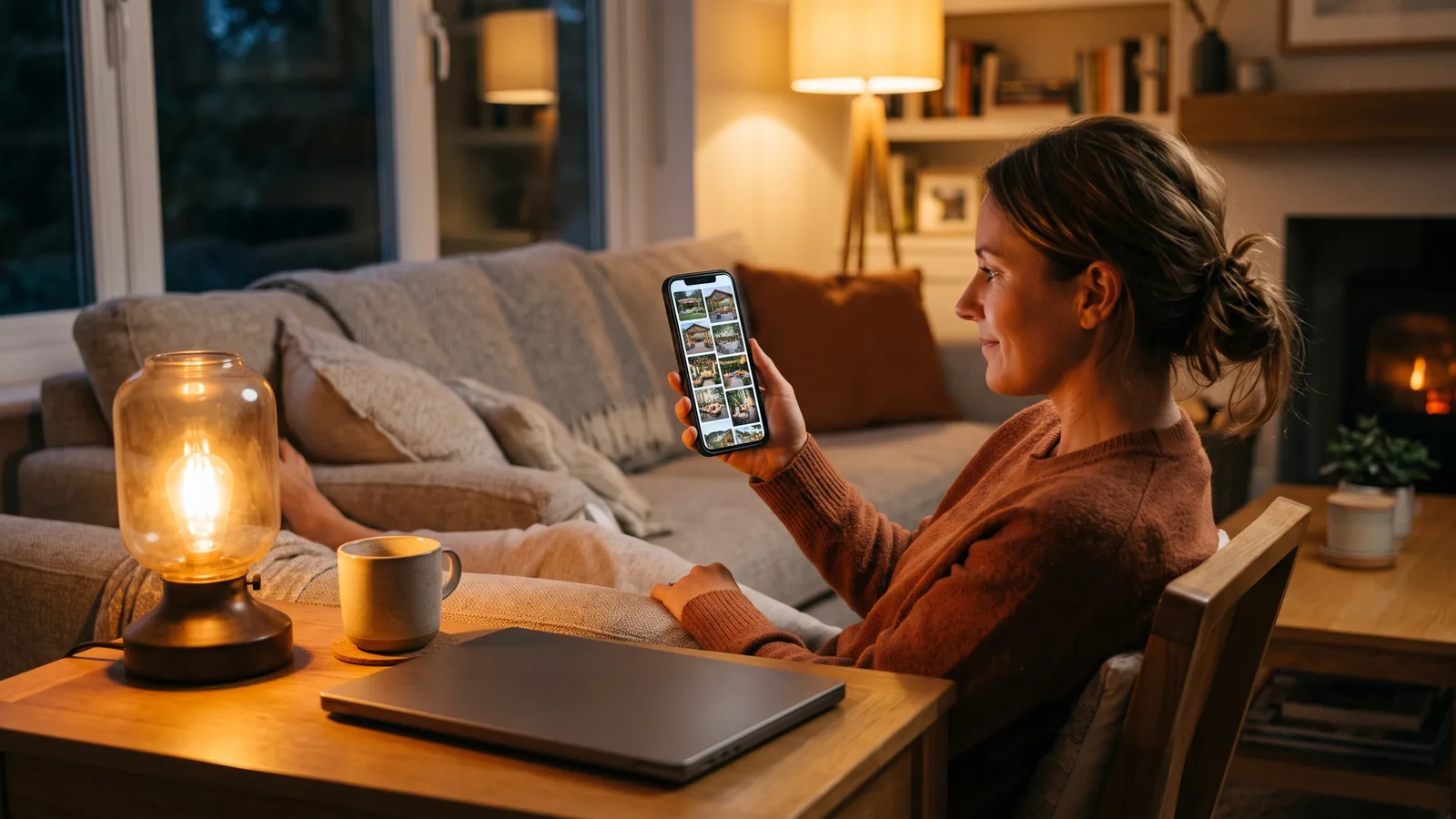 Homeowner browsing cabana and outdoor living photos on a phone while relaxing on a couch in the evening.