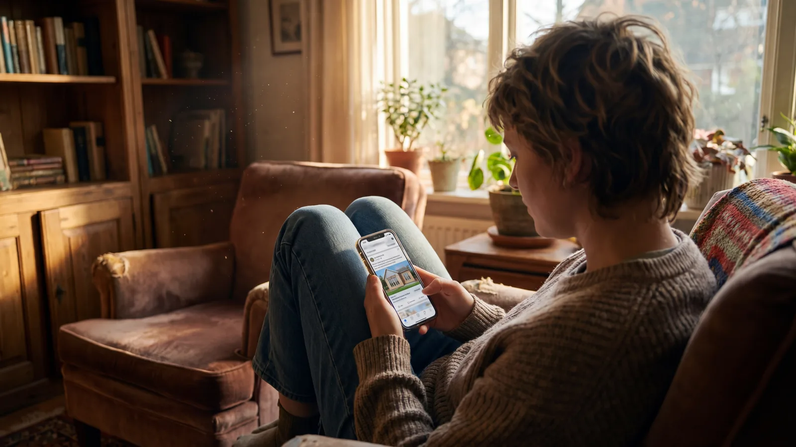 Homeowner scrolling on a phone in a sunlit living room, the screen showing a social-media feed with a window-replacement ad visible.