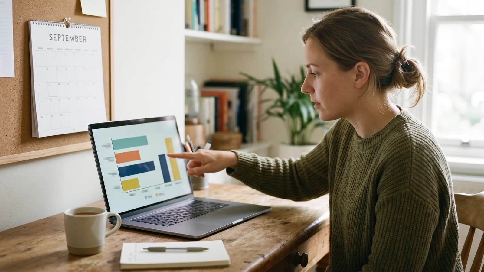 Marketer pointing at an audience timeline on a laptop with a September calendar pinned nearby in daylight.