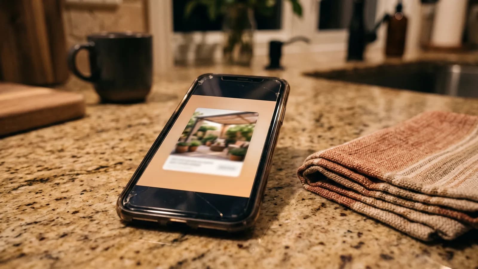 Phone on a kitchen counter showing a blurred patio ad thumbnail beside a folded fabric swatch.