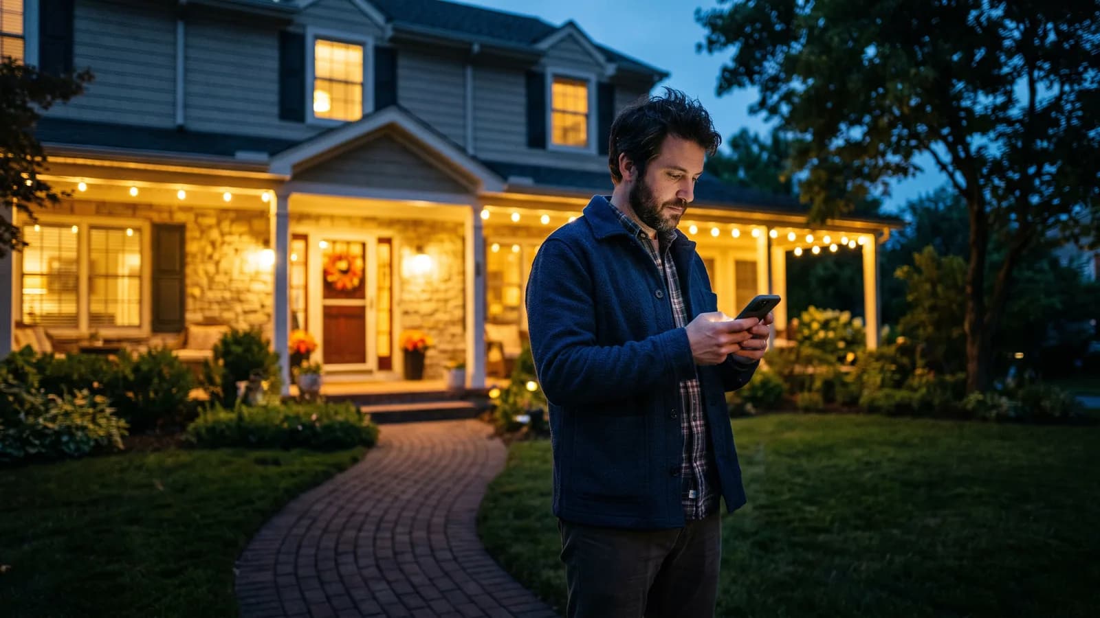 Homeowner reading a review request text on a phone in front of their newly lit house glowing at dusk.