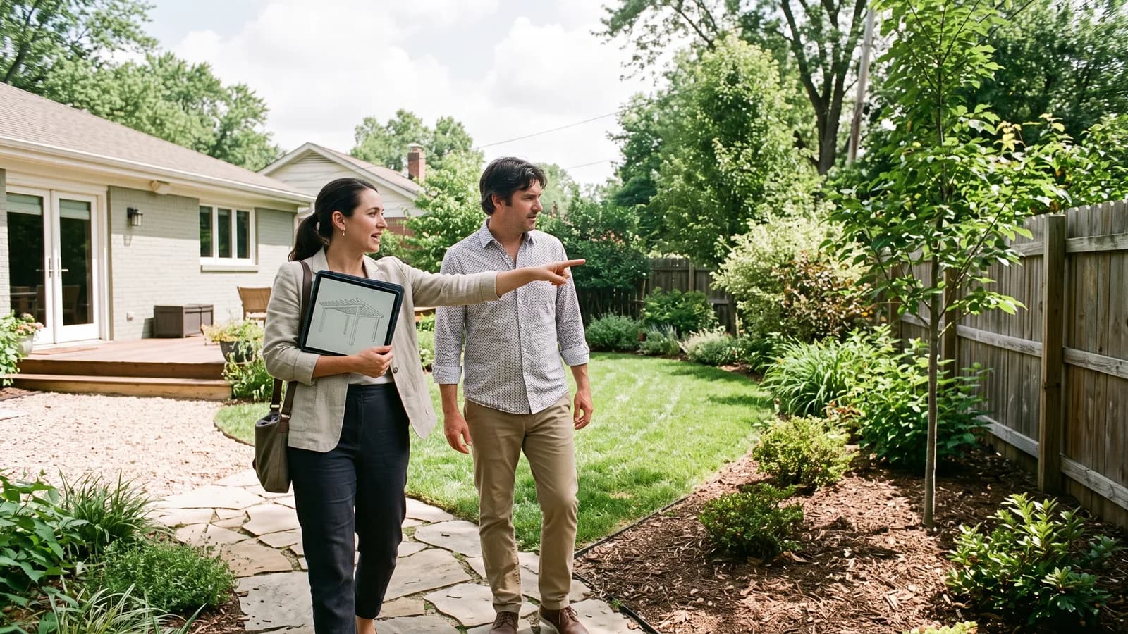 Designer pointing toward a backyard corner while showing a homeowner a pergola layout sketch on a tablet.
