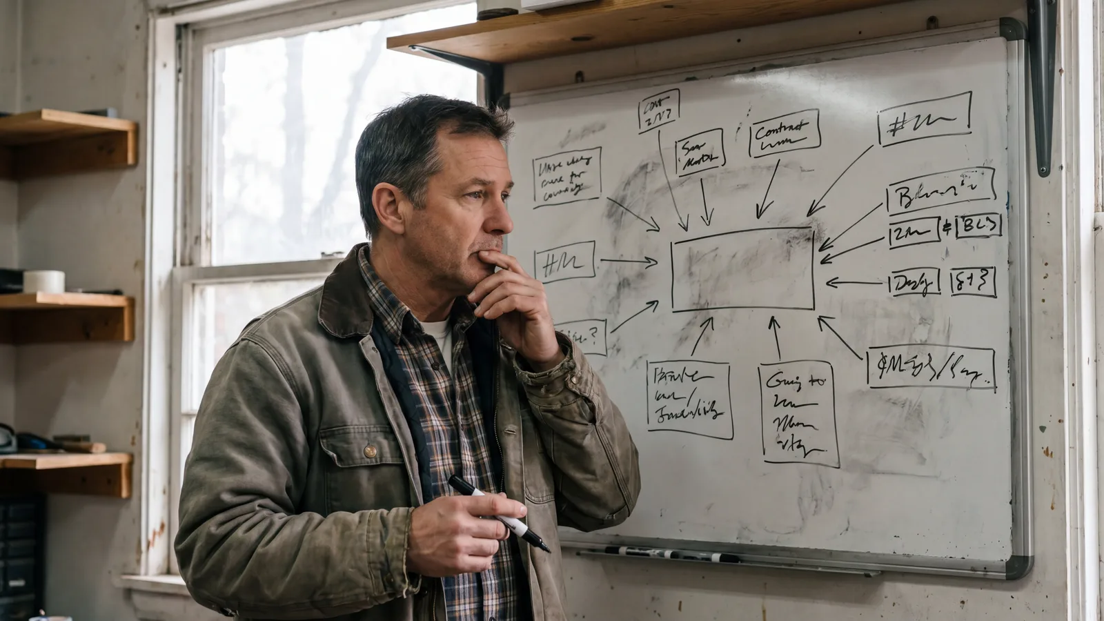 Contractor at a workshop office wall-mounted whiteboard reviewing a hand-drawn marketing-channel diagram with multiple boxes and arrows converging into a central node.