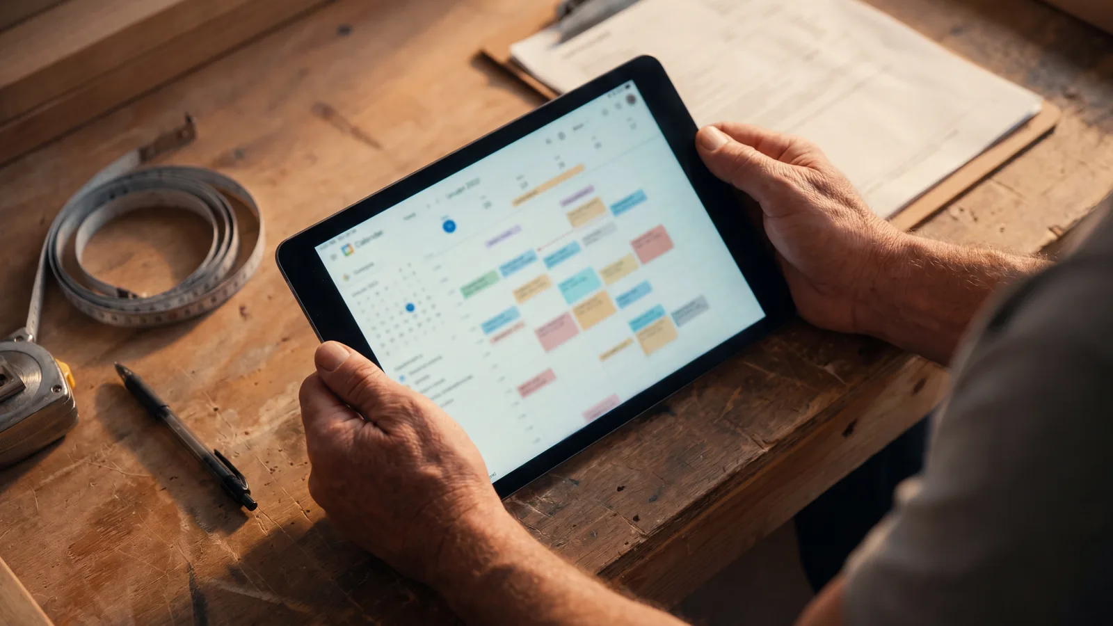 Top-down view of a contractor's hands holding a tablet on a workshop office desk, the tablet displaying a calendar-and-scheduling interface with multiple appointment slots.