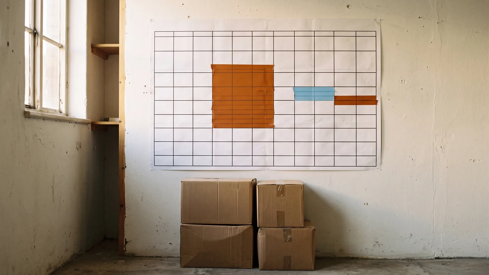 A twelve month wall planner marked with colored tape for build season and design season above stacked appliance cartons.