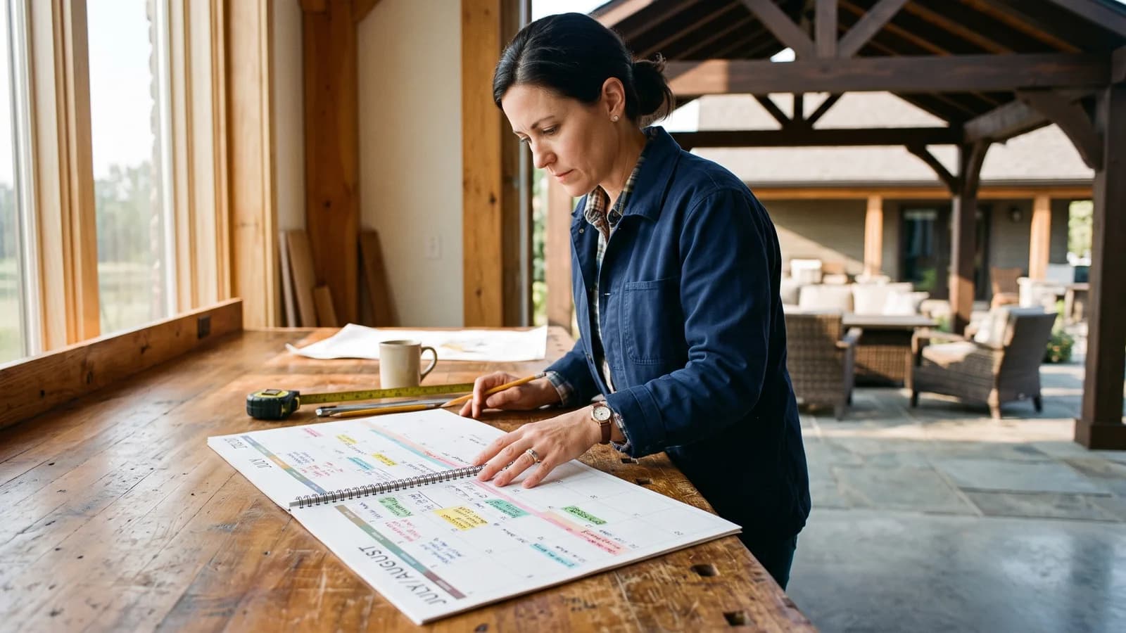 Contractor reviewing a seasonal project planning calendar in an outdoor living showroom, warm morning light on the workbench.