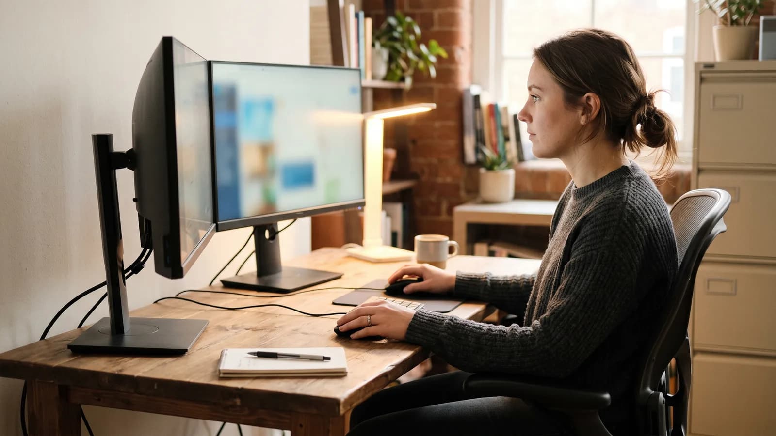Marketing coordinator reviewing two campaign dashboards on separate monitors at an office desk.