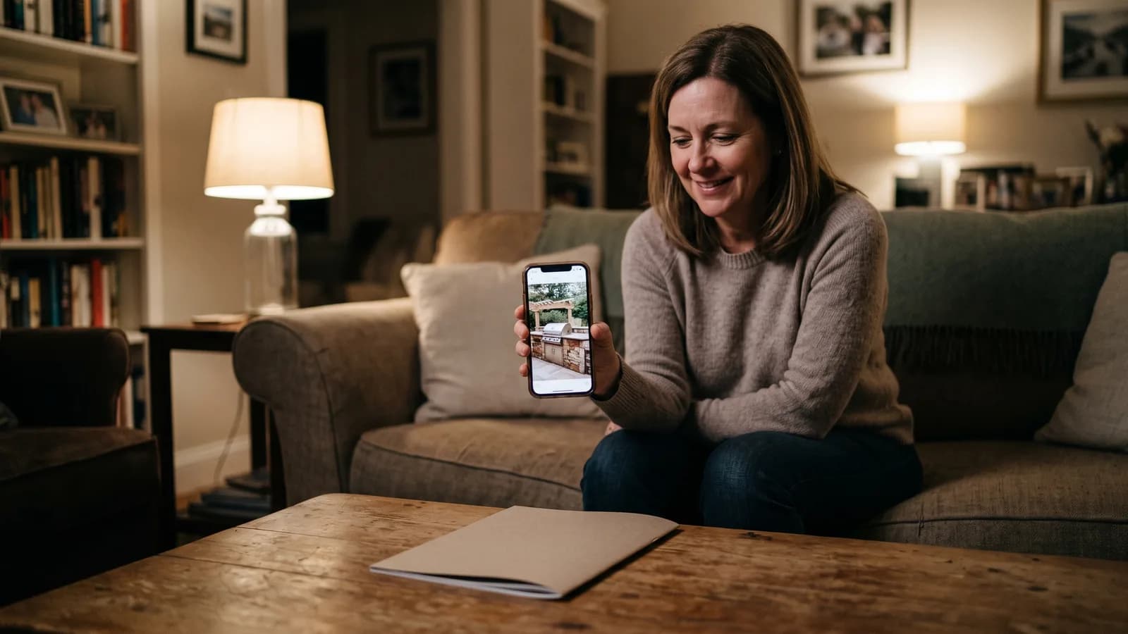 Homeowner scrolling a phone showing an outdoor kitchen photo with a brochure on the coffee table.