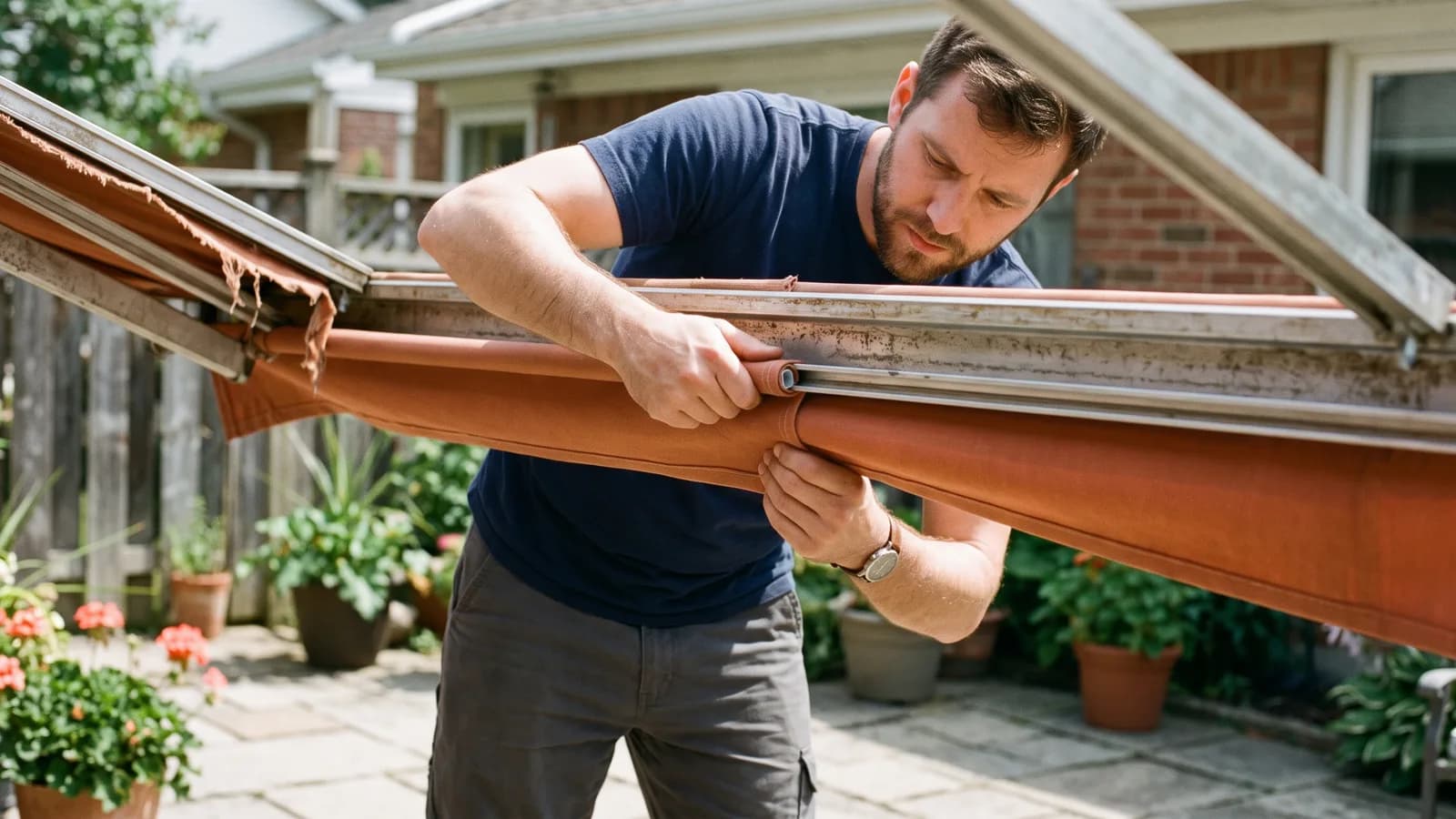 Service technician feeding a fresh fabric panel into an awning frame channel during a re-cover job.