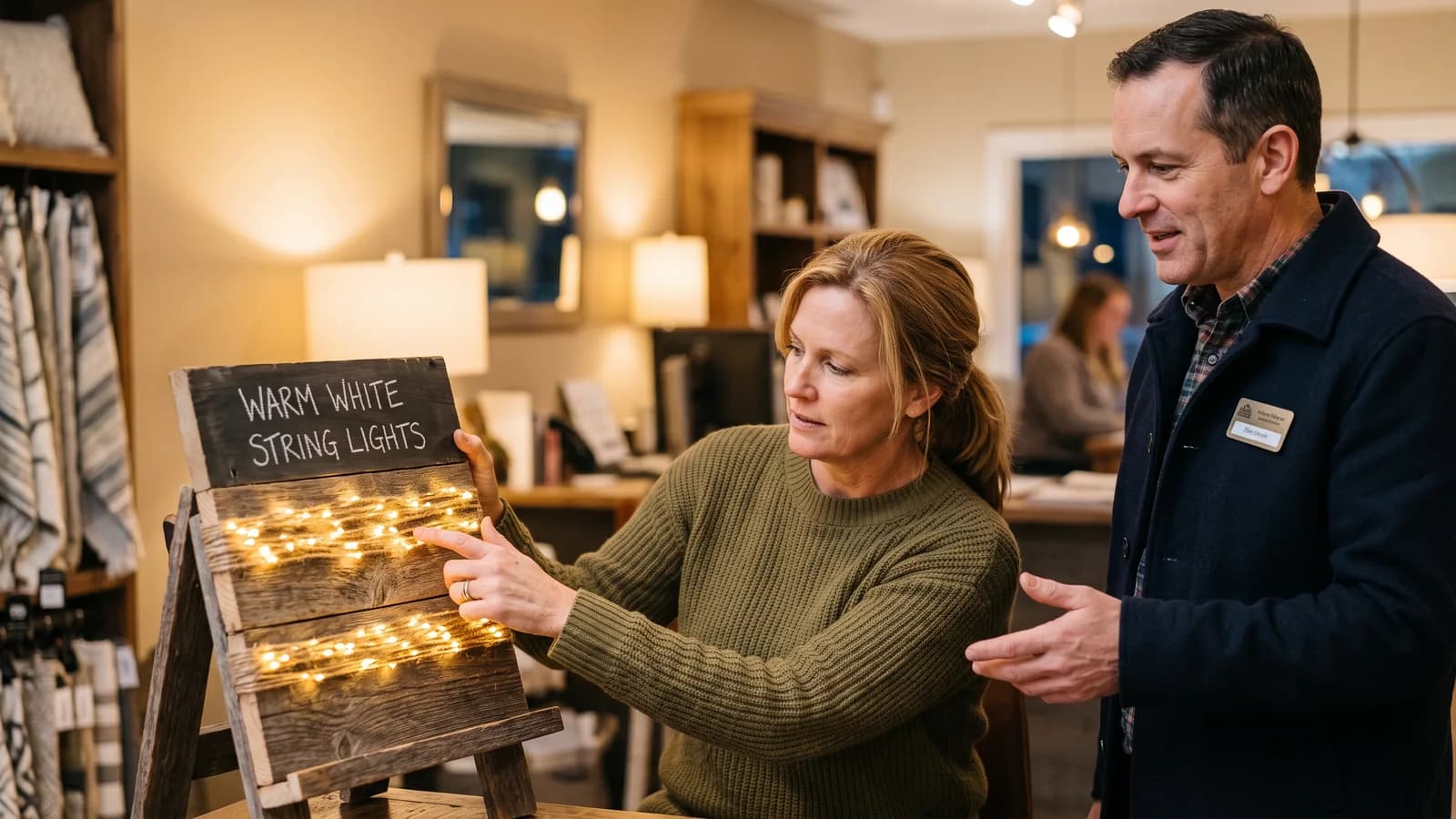 Homeowner touching a lit sample board of warm white string lights while a staff member explains options indoors.