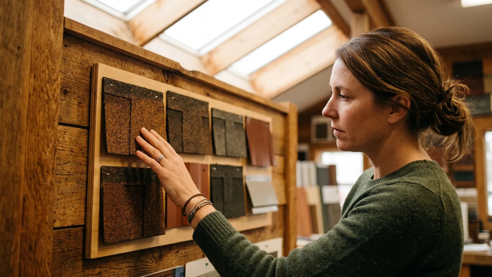 Homeowner touching a roofing material sample on a small display wall inside a contractor showroom.