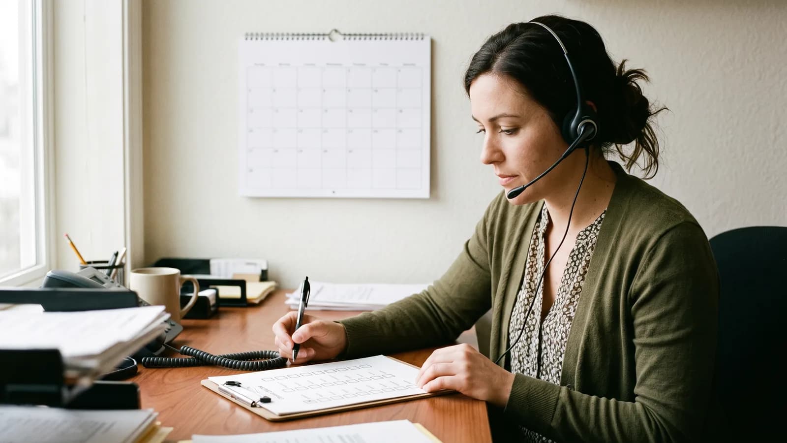 Office coordinator reviewing a printed intake checklist with a phone headset on at a desk.
