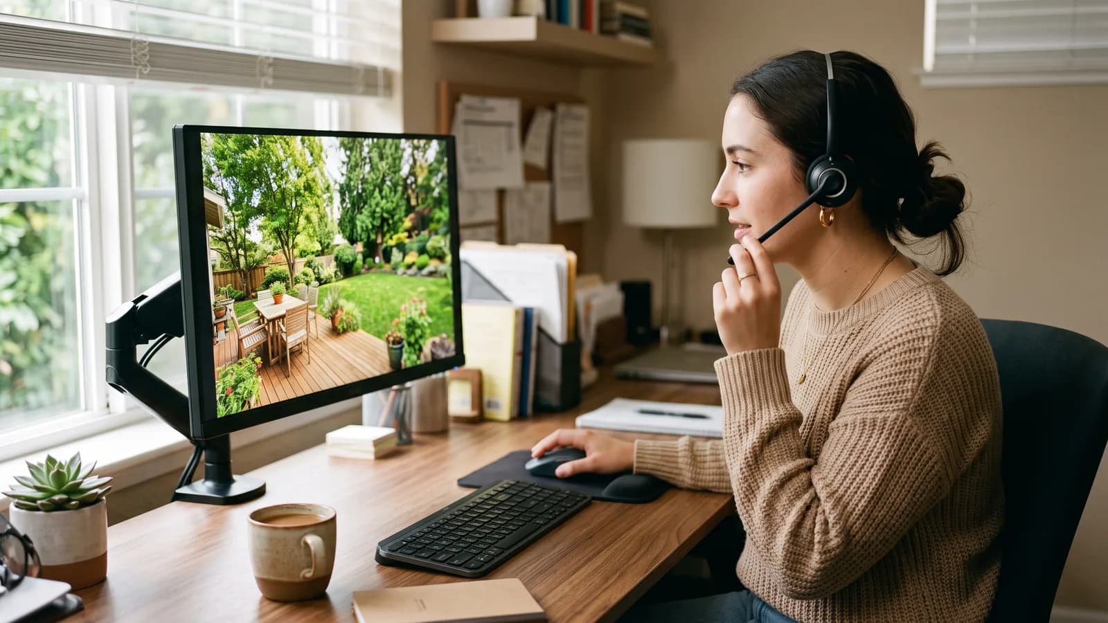 Scheduler on a headset reviewing a backyard photo on an intake form at a sunlit desk.