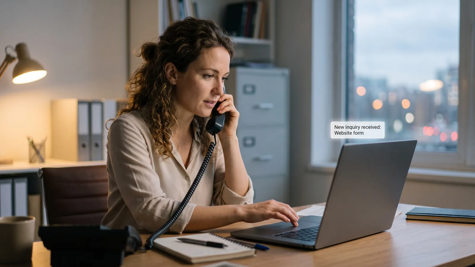 Coordinator answering a phone call seconds after a new lead notification appears on a laptop in a small office.