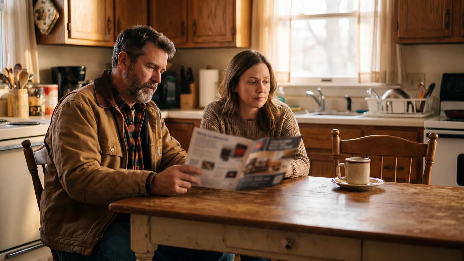 Window contractor at a kitchen table across from one homeowner with an empty second chair and an untouched second coffee cup, conveying an absent decision-maker.