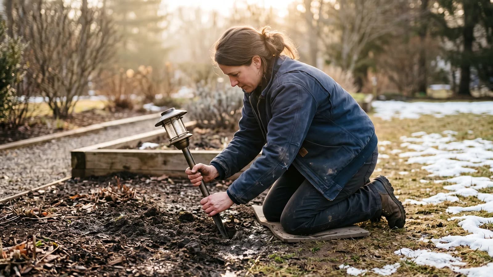 Technician re-leveling a frost-heaved path light fixture in a garden bed with melting snow nearby in early spring light.