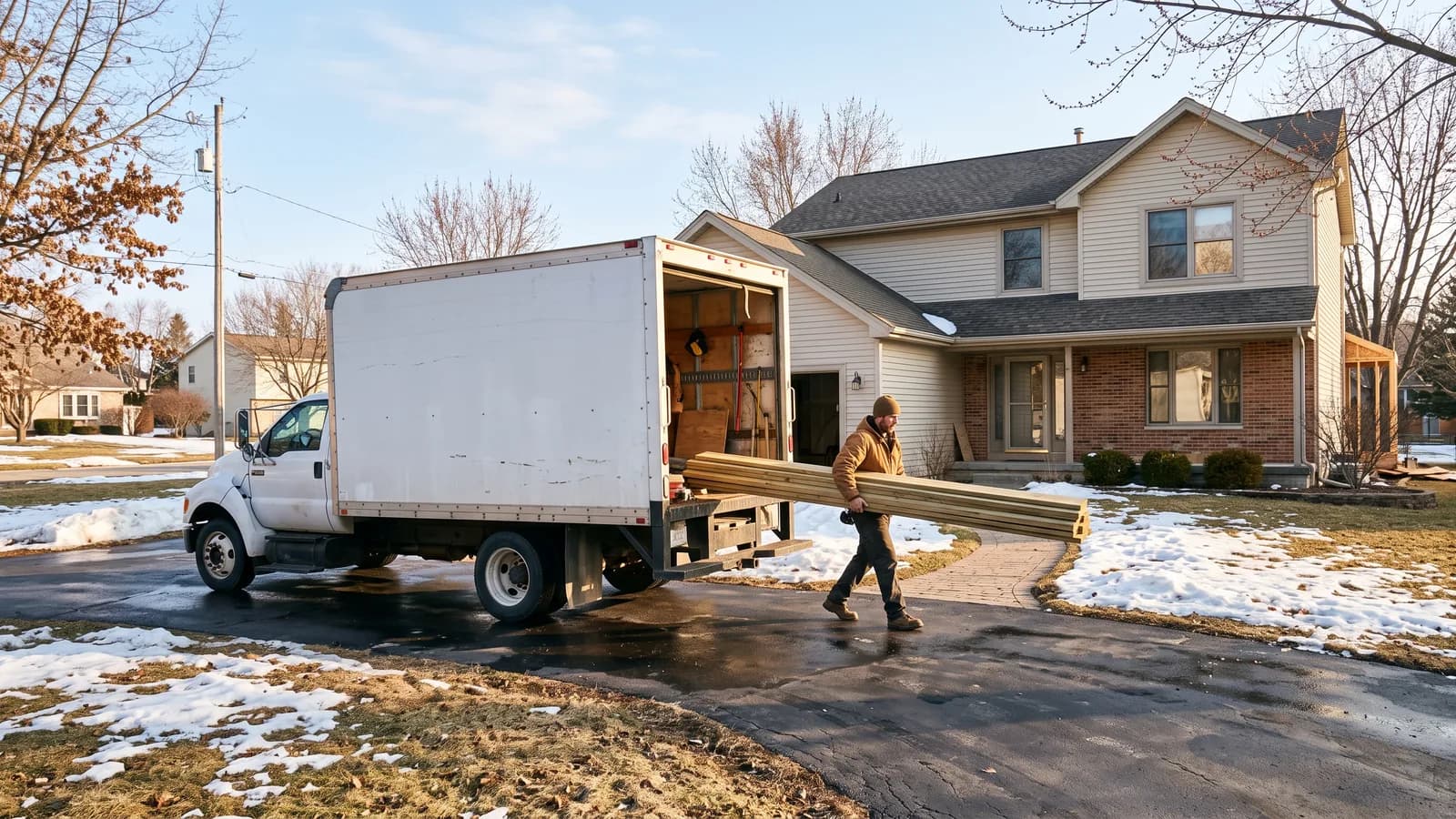 Deck builder unloading lumber from a truck in an early spring driveway with melting snow on the lawn.