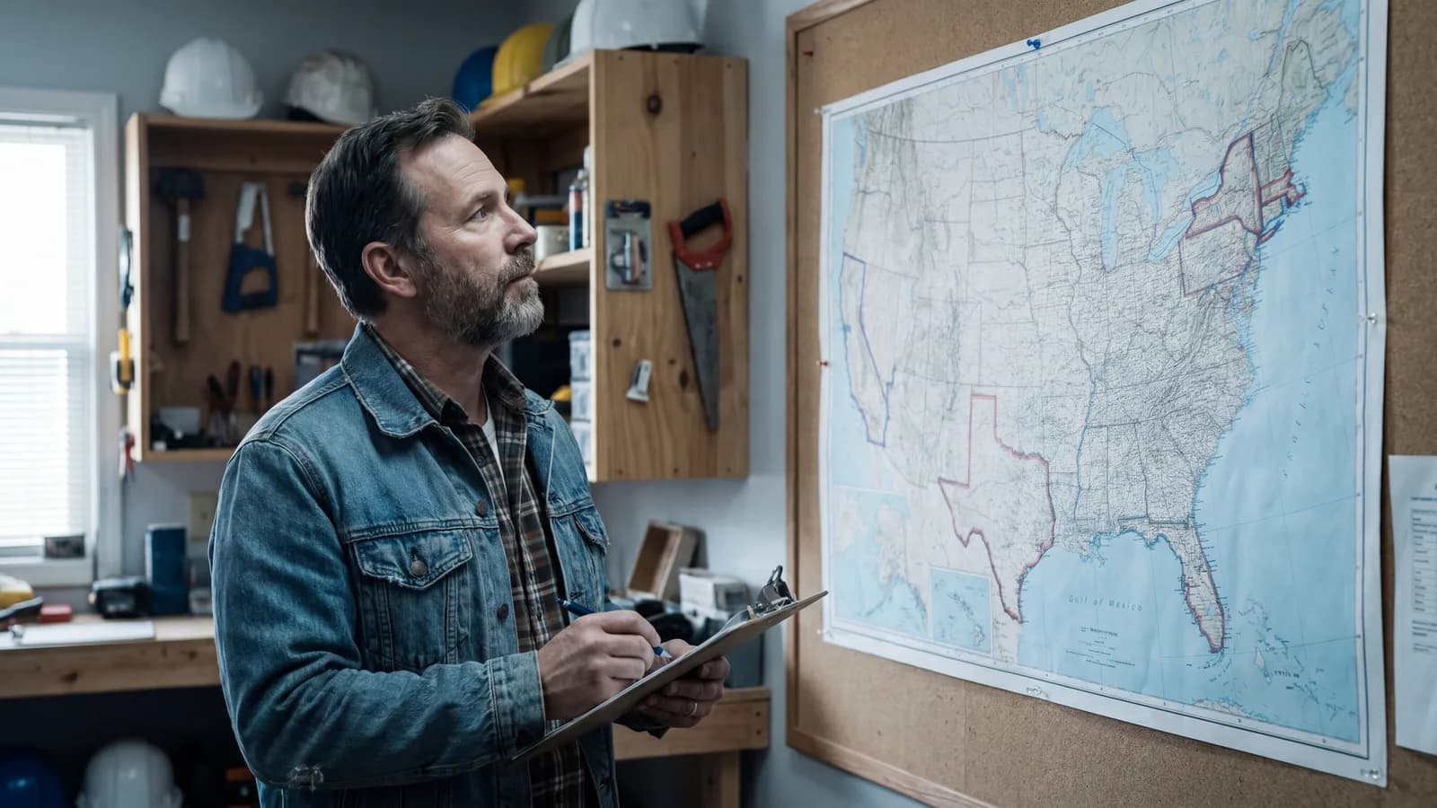 Workshop office wall with a printed United States map mounted at eye level, several states subtly outlined in colored marker, contractor with a clipboard standing in front.