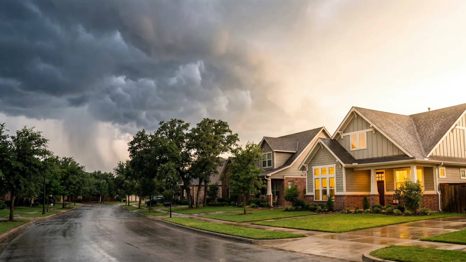 Wide photograph of a suburban residential street as a storm front breaks, half dark clouds and half clearing golden afternoon sun.