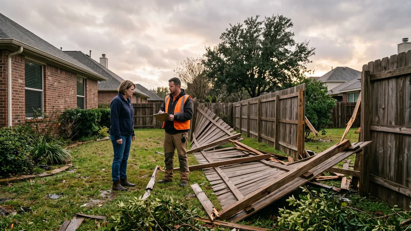 Homeowner and fence contractor inspecting a storm-damaged wood fence panel lying in a backyard after high winds.