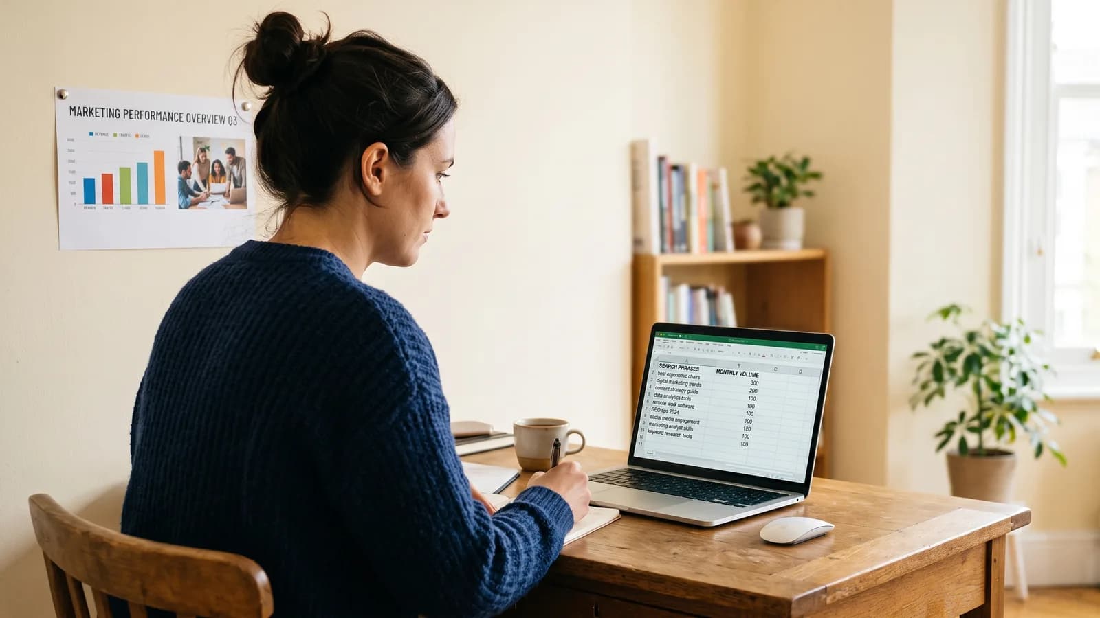 Marketing analyst reviewing search phrase data on a laptop with a deck photo pinned to the wall behind them.