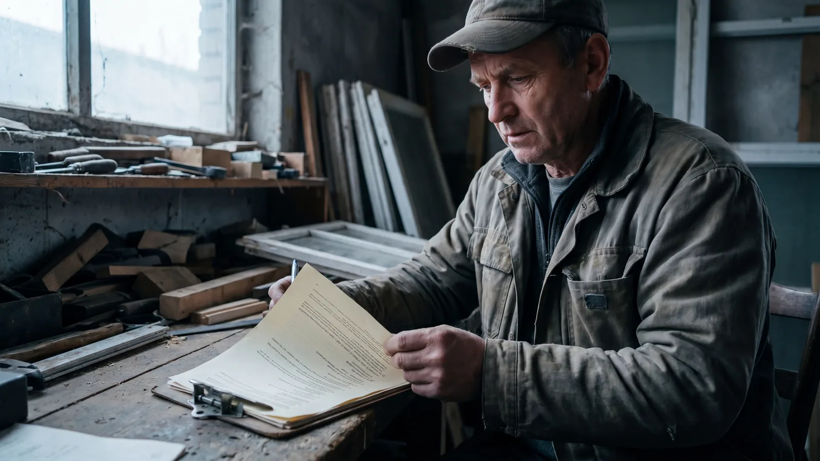 Window contractor at a workshop bench reviewing a multi-page printed compliance checklist on a clipboard, pen in hand poised to check an item.