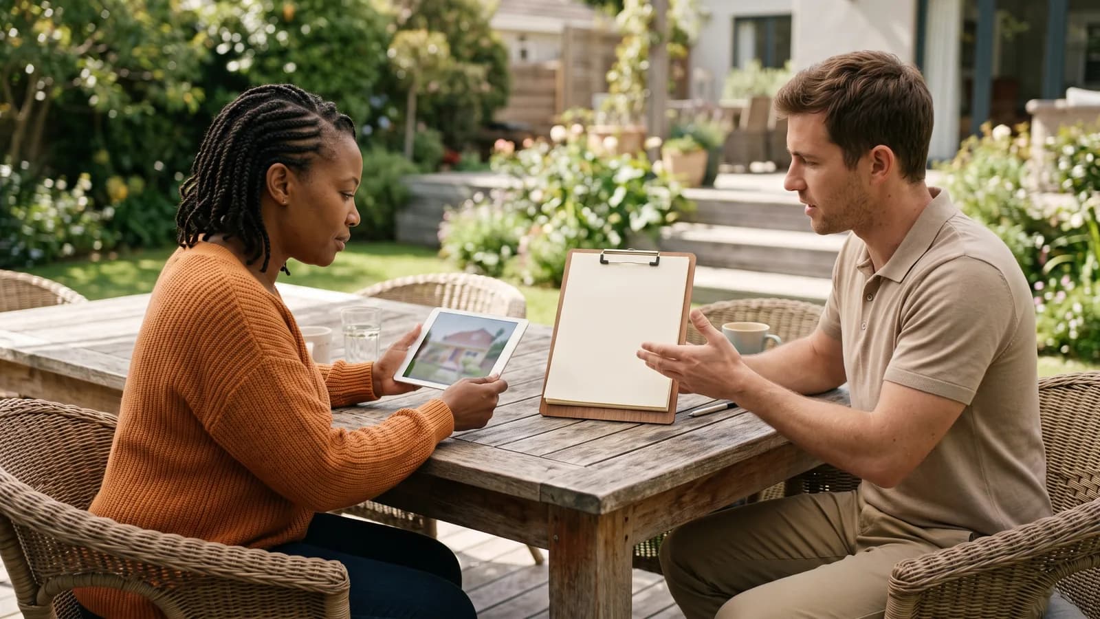 Salesperson finalizing a printed quote at a patio table while a homeowner reviews options on a tablet.