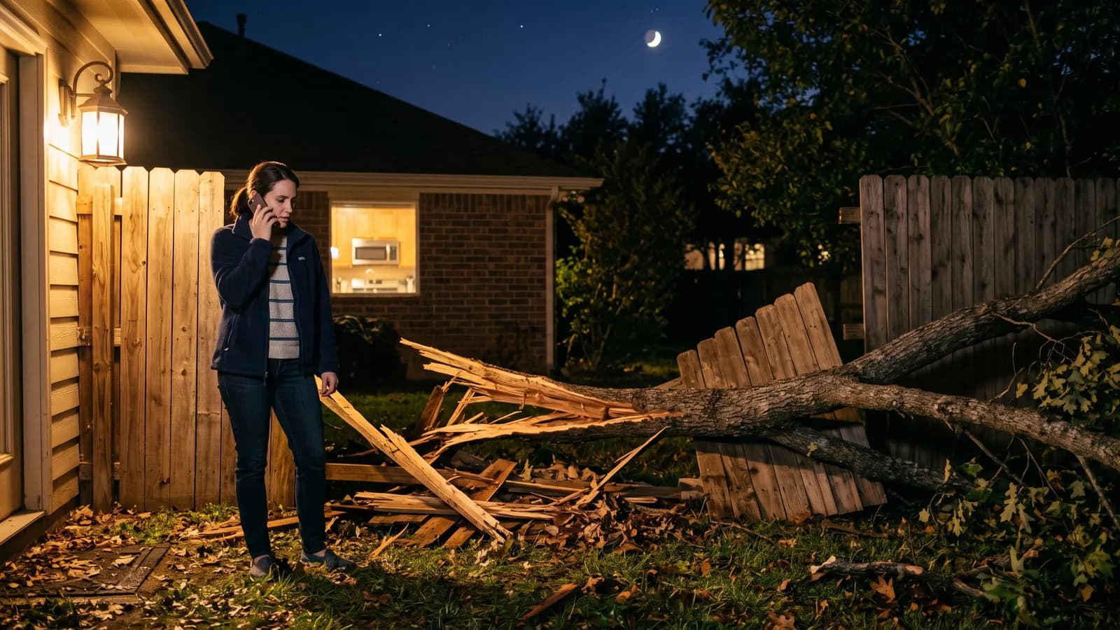 Homeowner making a late-night phone call near a fence section knocked down by a fallen branch under porch light.