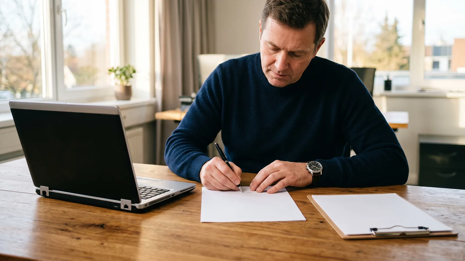 Estimator finalizing a printed awning quote at a desk beside a clipboard of measurement notes.