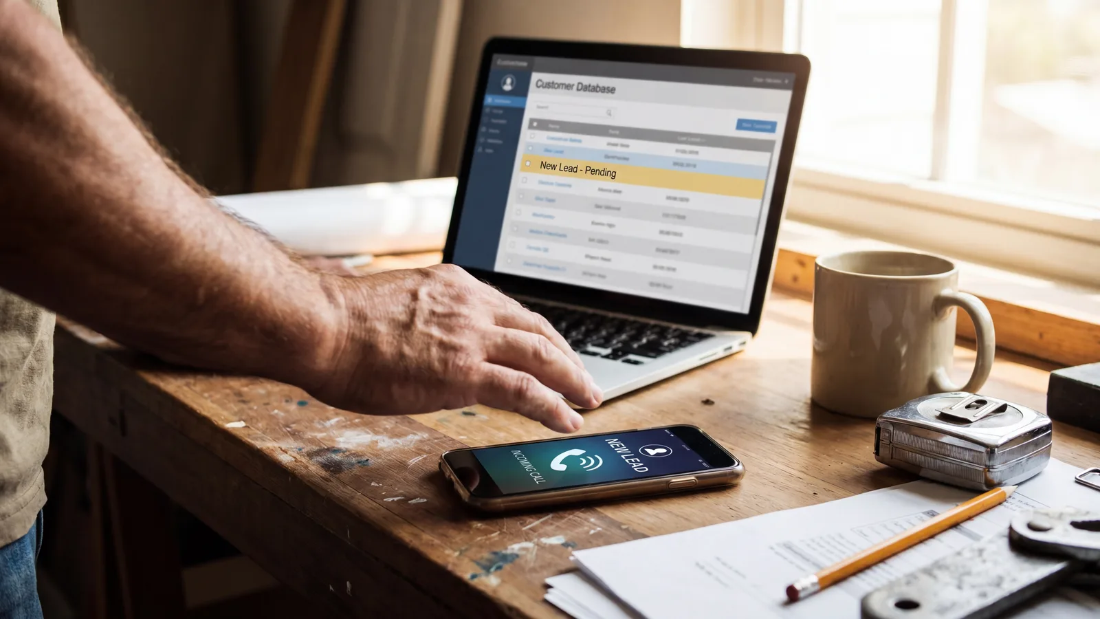 Contractor's hand reaching for an incoming lead notification on a smartphone with a fresh new-lead row visible on a laptop customer-database dashboard.