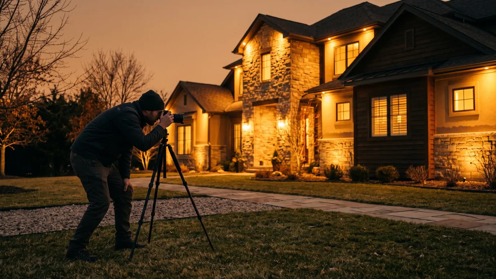 Crew member photographing a warmly lit house facade on a tripod at blue hour for a marketing portfolio.