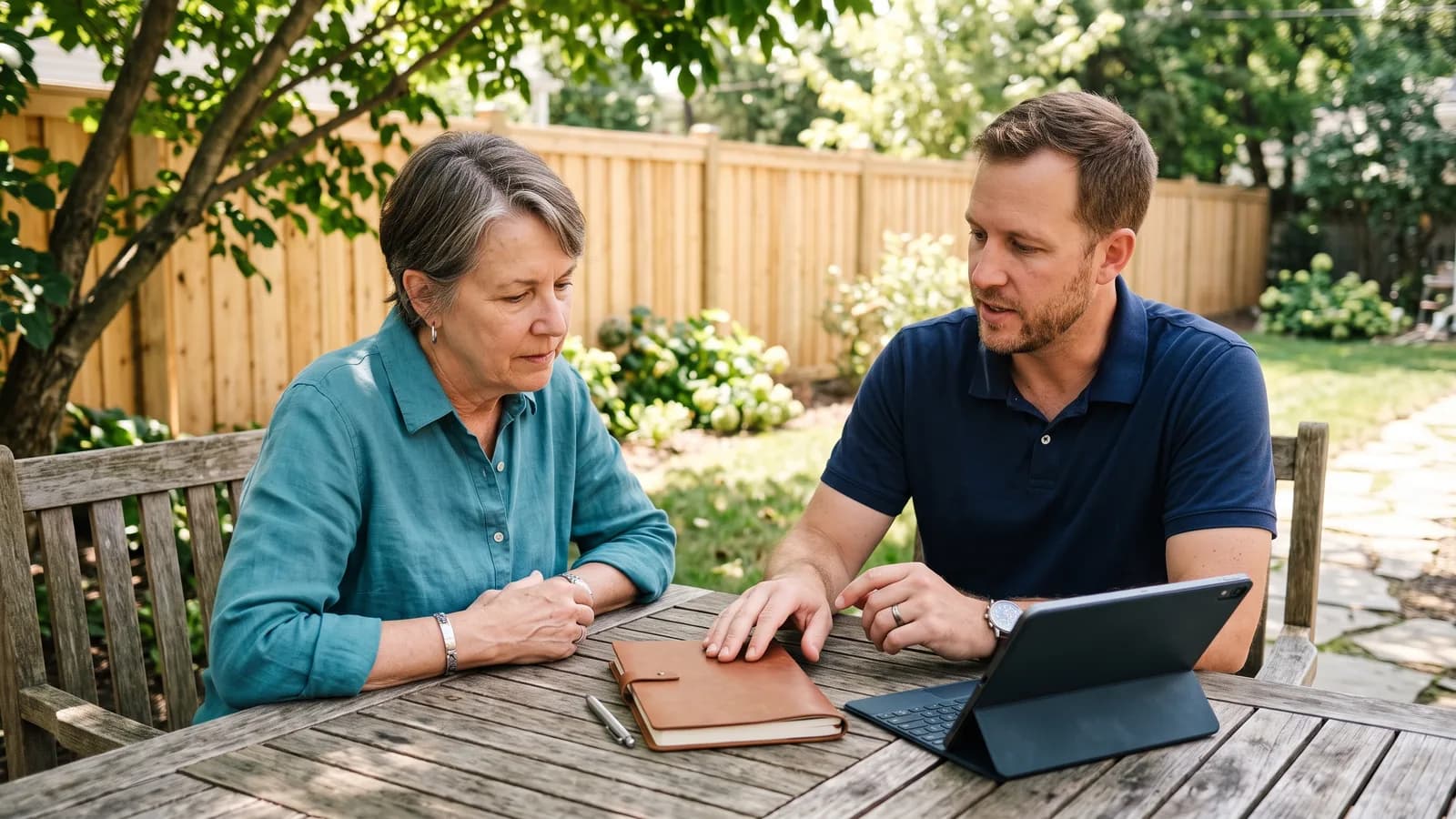 Homeowner and fence contractor reviewing a community design guideline document at a patio table before a fence quote.