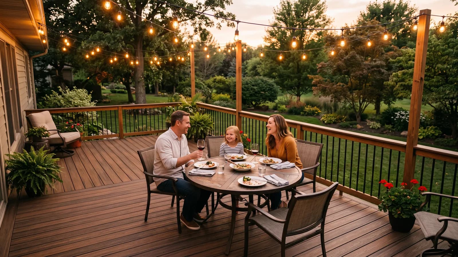 Family relaxing on a finished deck under string lighting, captured from an elevated angle at dusk.