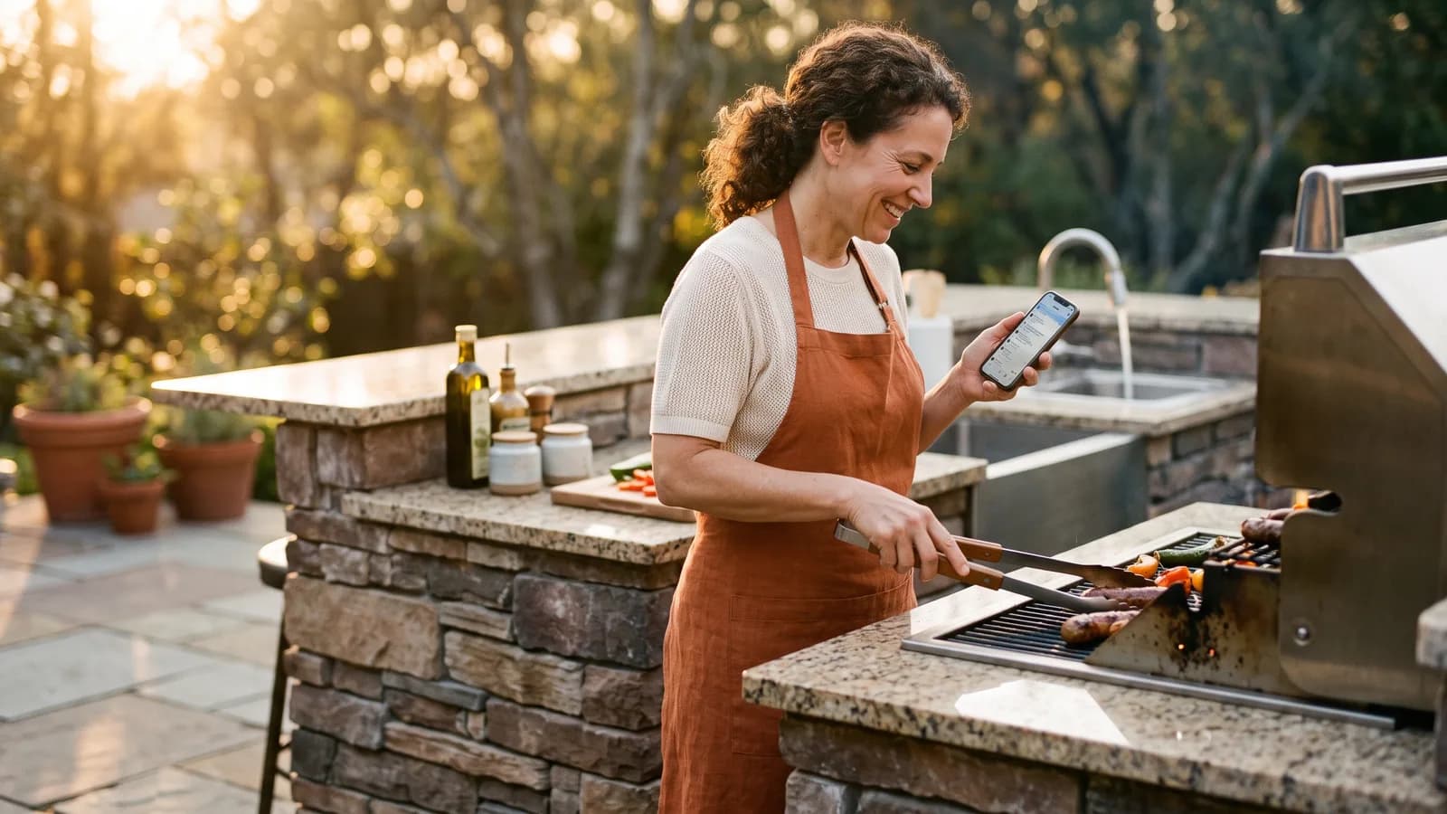 Homeowner cooking at a finished outdoor kitchen island for the first time while holding a phone.
