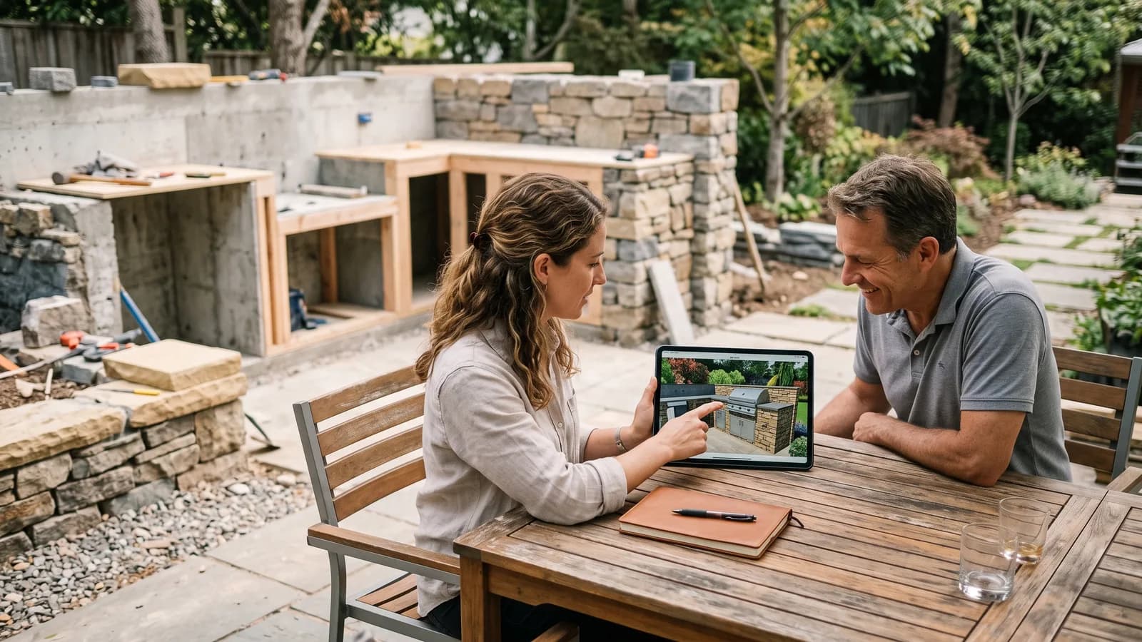 Designer and homeowner reviewing a tablet rendering of an outdoor kitchen beside the actual build site.