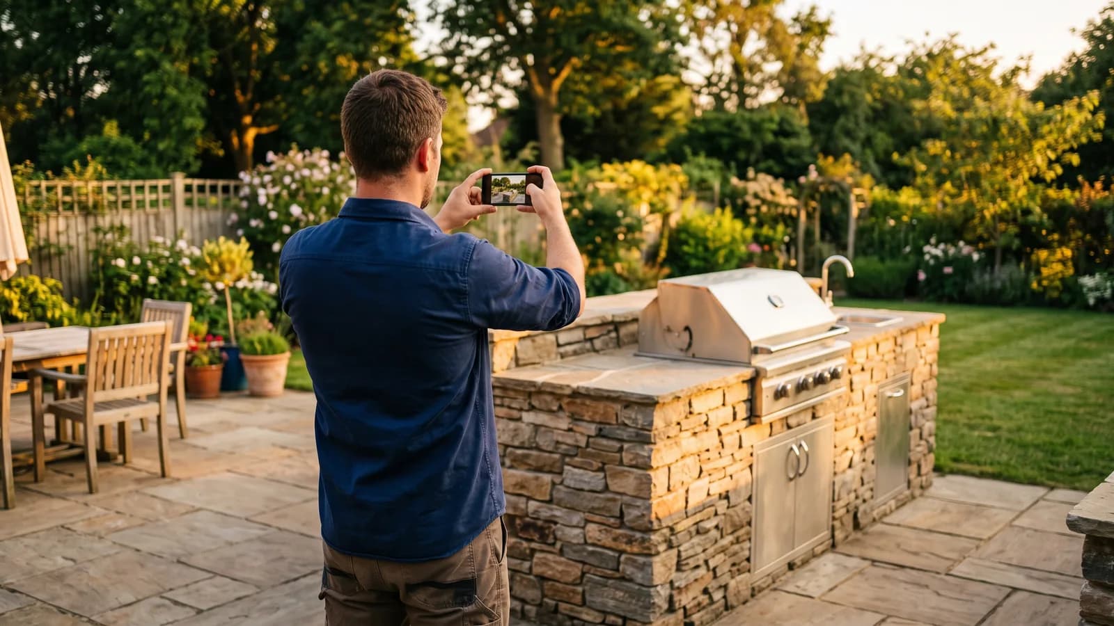Builder photographing a finished outdoor kitchen with a phone for a business profile update.