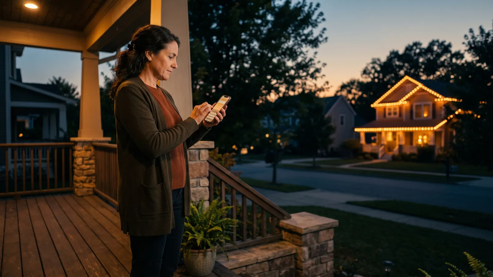 Homeowner on her porch at dusk searching her phone after noticing a neighboring house glowing with warm roofline lighting.