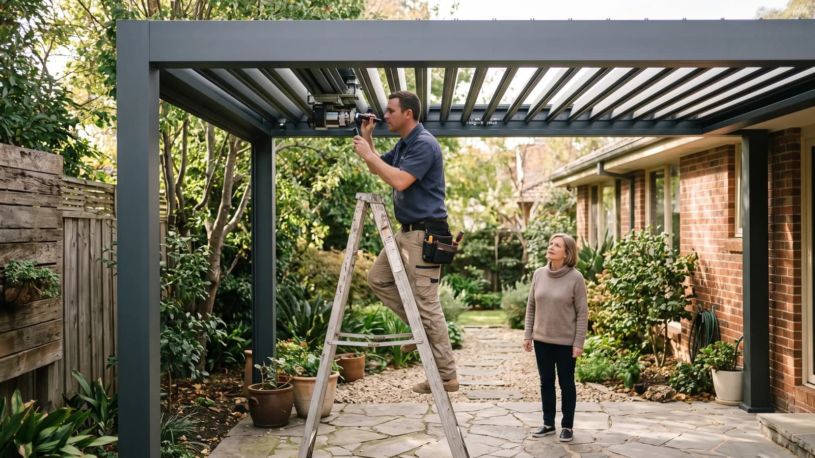 Technician on a ladder inspecting a motorized pergola roof mechanism while a homeowner watches from the yard.