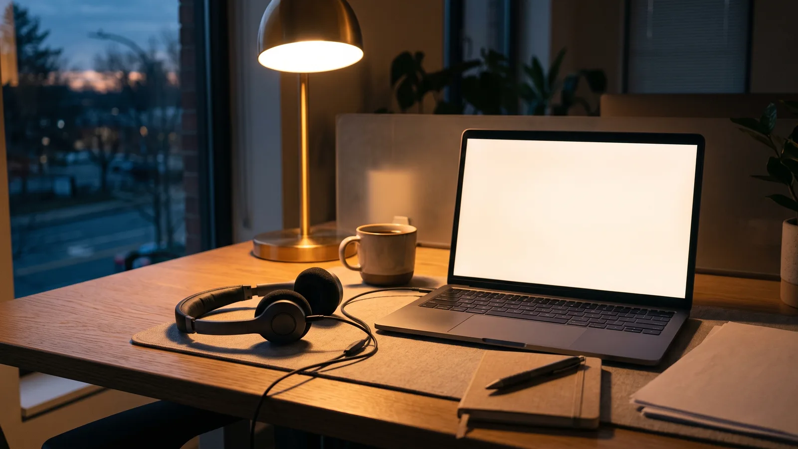 Quiet office desk at early morning with a headset and glowing laptop screen before staff arrive.