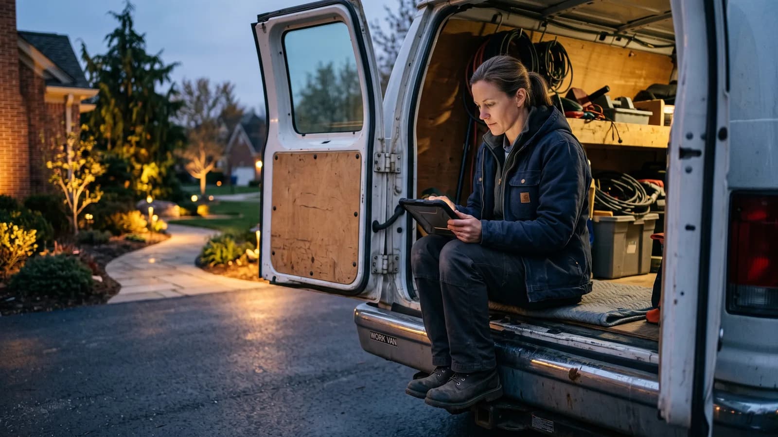 Designer finishing a proposal on a tablet inside a van with the client's warmly lit front yard visible through the open doors at dusk.