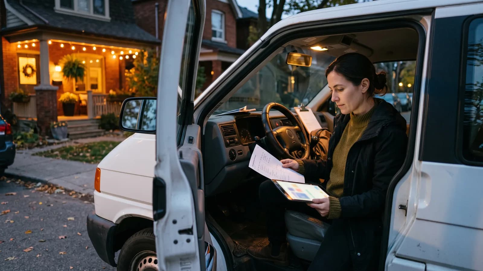 Designer reviewing a confirmed appointment on a tablet from a parked van at early dusk before a consultation.