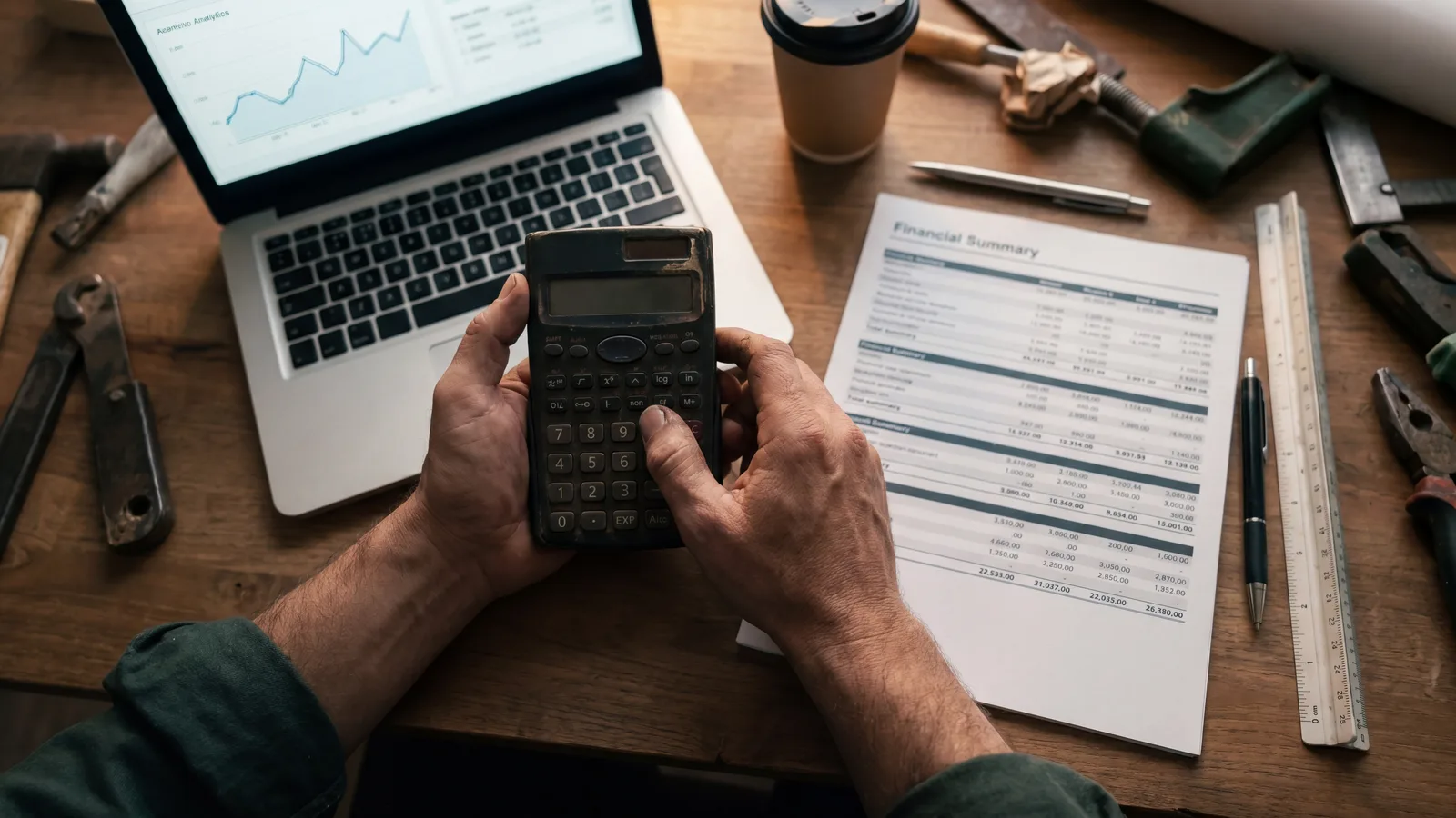 Top-down view of a contractor's hands using a calculator beside a printed financial summary sheet with analytics on a laptop, calculating customer acquisition cost.