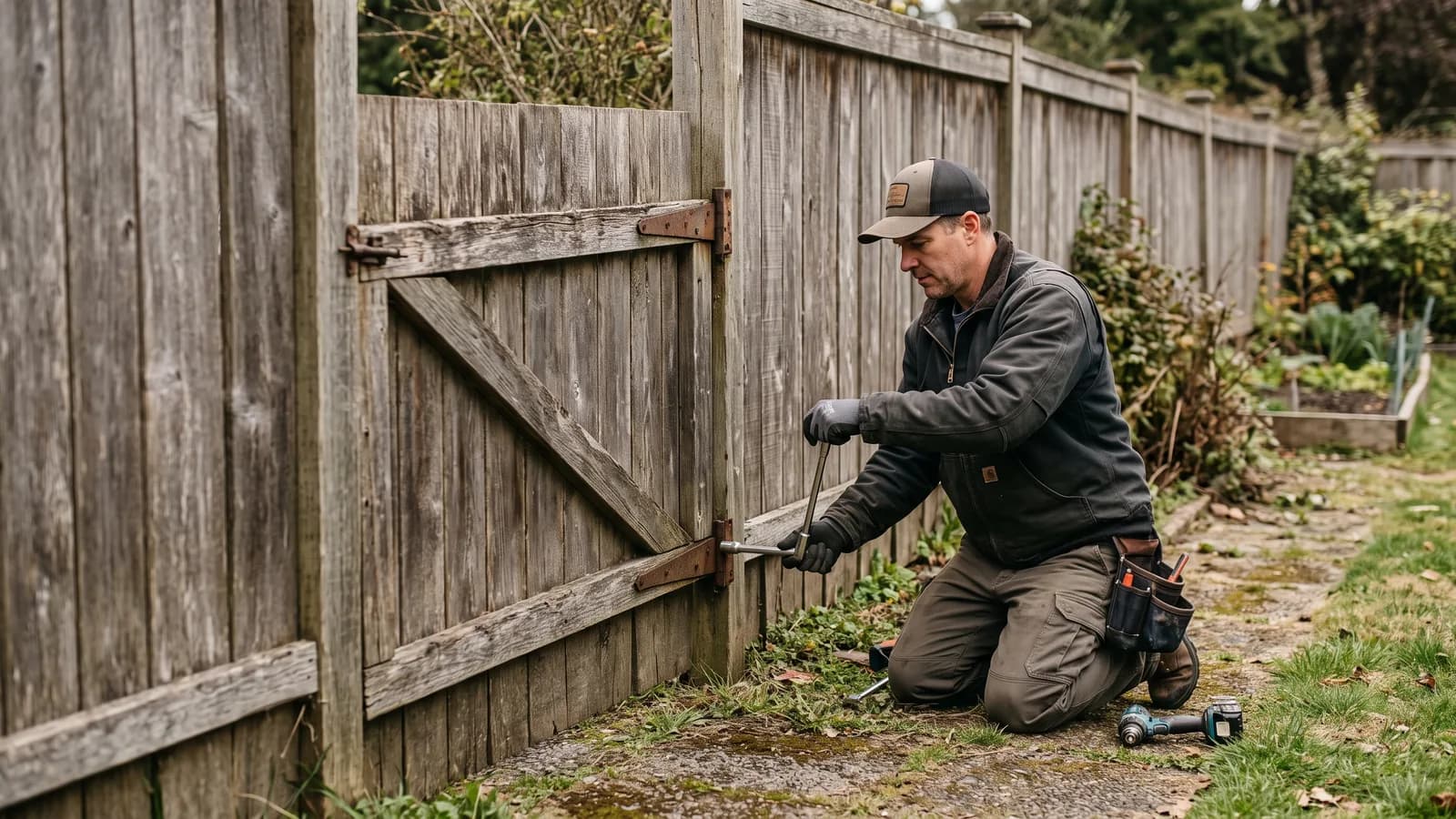 Fence contractor repairing a sagging gate hinge during a warranty visit at a home with an older wood fence.