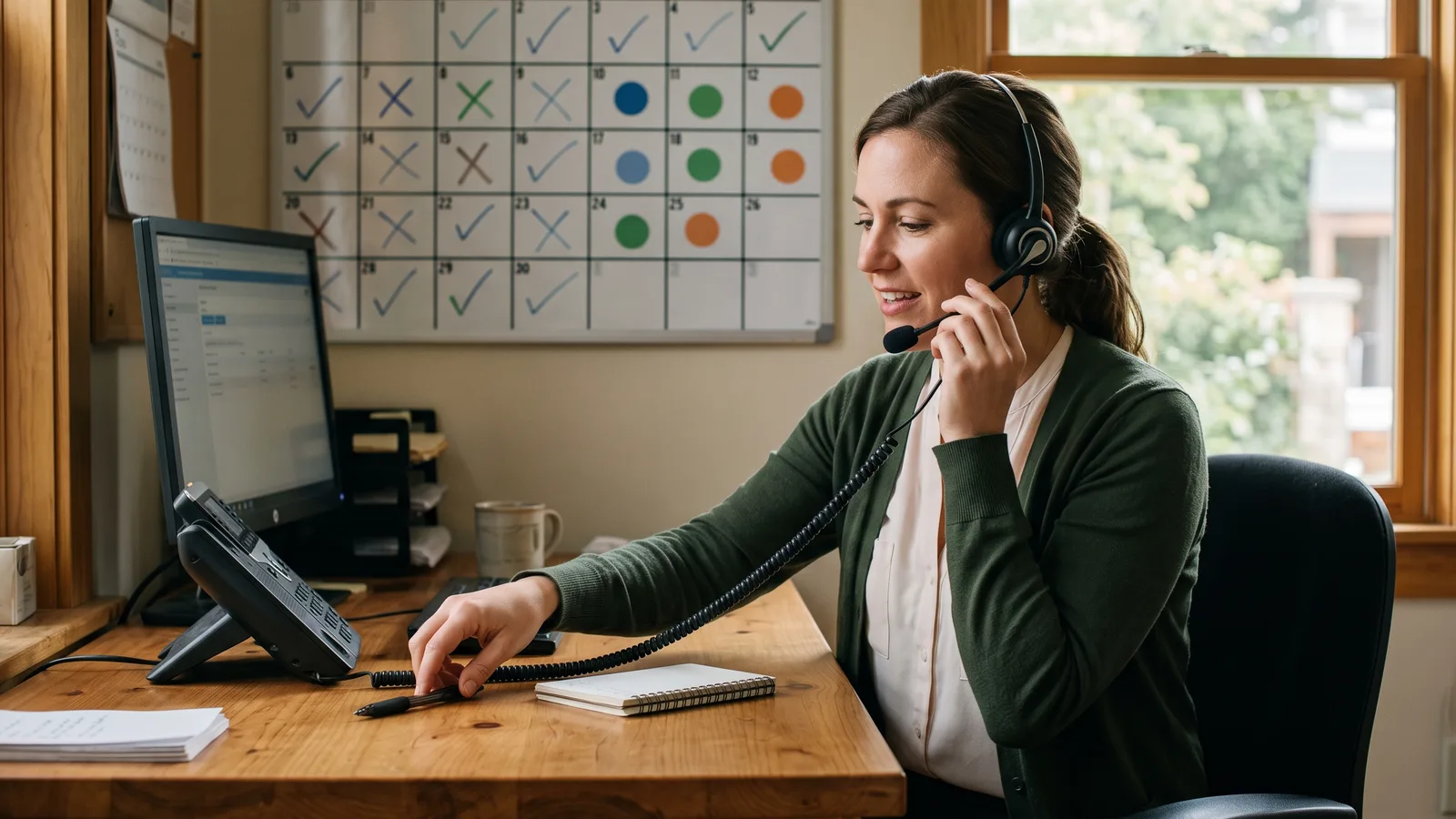 Dispatcher answering an incoming call at an office desk beside a densely booked wall calendar.