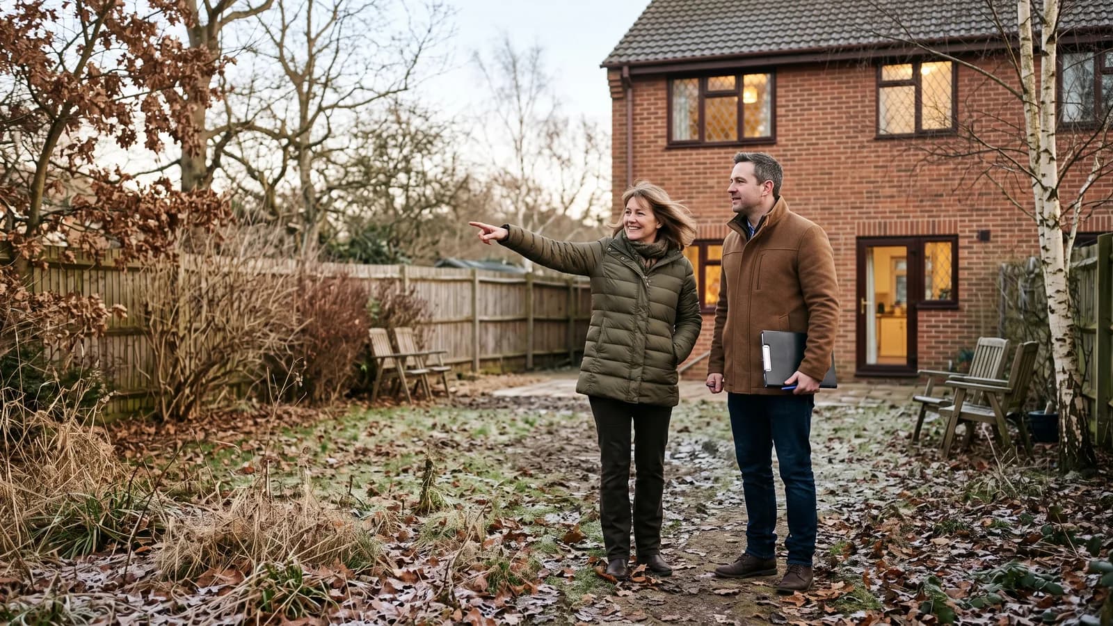 Sales consultant and homeowner standing in a bare winter backyard discussing a future patio location.